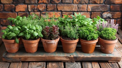 Variety of potted herbs on wooden table