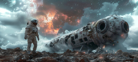 Astronaut observing a crashed spaceship on a rocky terrain under a dramatic sky with nebula and stars. - obrazy, fototapety, plakaty