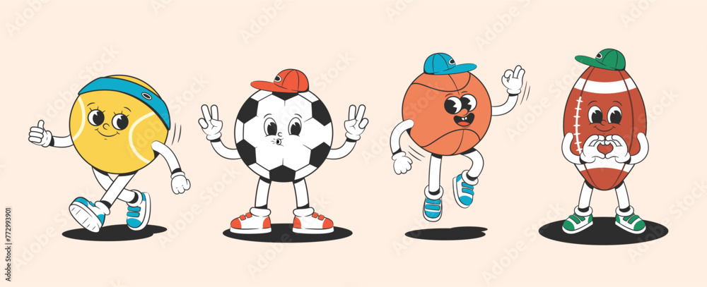 Wall mural tennis, basketball, football and rugby balls in groovy style. characters from the 30s. funny colorfu - Wall murals
