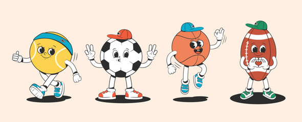 Tennis, basketball, football and rugby balls in groovy style. Characters from the 30s. Funny colorful illustration in hippie style.