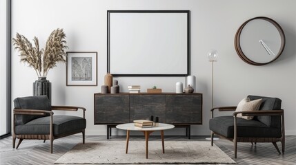 Modern living room interior with blank frame - obrazy, fototapety, plakaty