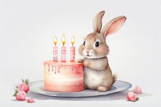 Watercolor illustration of Cute cartoon rabbit with cake on grey background. Concept for birthday cards, posters, stickers. AI generated
