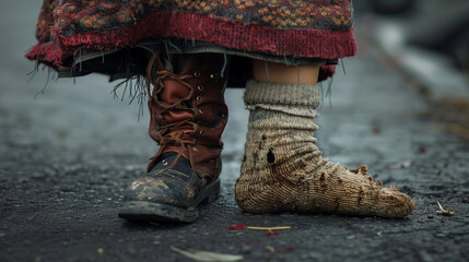 A close-up of a poor woman's feet, one adorned with a worn-out boot and the other barely covered by a hole-filled sock, standing on the cold pavement, a powerful symbol of poverty.