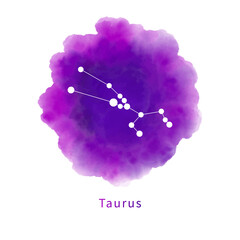 Constellation Taurus on a bright purple watercolor stain isolated on a white background. Zodiac sign, horoscope symbol on handmade watercolor texture. Vector illustration.