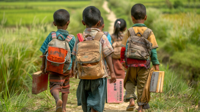 Impoverished children, books in hand, walk miles through winding paths and across fields 