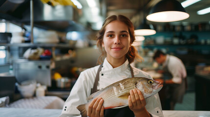 Proud woman chef with fresh fish, donning toque and apron, in high cuisine setting. - obrazy, fototapety, plakaty