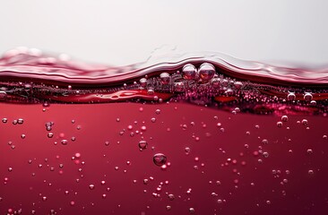 Red wine, bubbles on the surface of the red liquid, closeup of the red juice flowing in a white background - obrazy, fototapety, plakaty