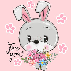 Cute Cartoon Bunny with flowers on a pink background