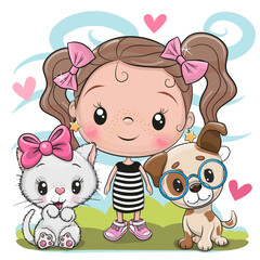 Cartoon Girl with cat and dog - obrazy, fototapety, plakaty