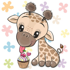 Cartoon Giraffe with cake on a floral background