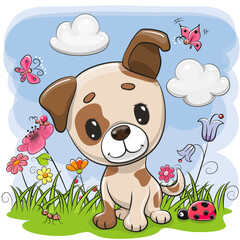 Cartoon Puppy on a meadow with flowers and butterflies