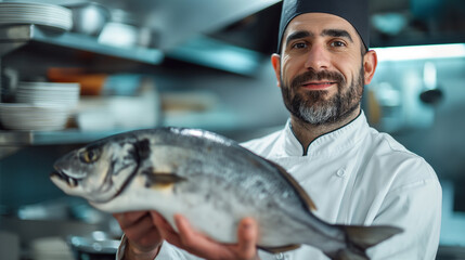 Proud chef with fresh Salmon fish, donning toque and apron, in a high cuisine setting. - obrazy, fototapety, plakaty
