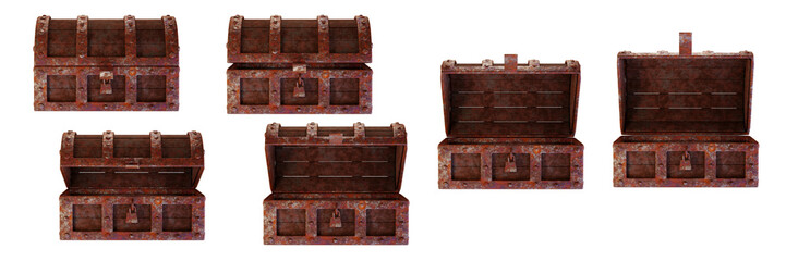 Open old wooden treasure chest box rusty metal edge closed to open and empty front view 3D rendering
