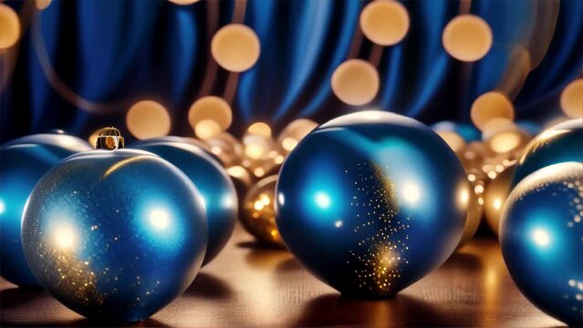Close-up view of blue Christmas baubles with golden glitter details, set against a blurred backdrop of bokeh lights, exuding a festive and elegant atmosphere.