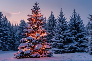 a tree covered in snow with lights - obrazy, fototapety, plakaty