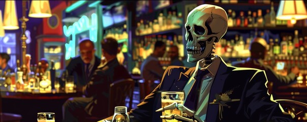 Stylized illustration of a skeleton in a bar