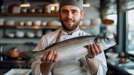 Proud chef with fresh fish, donning toque and apron, in high cuisine setting. - obrazy, fototapety, plakaty