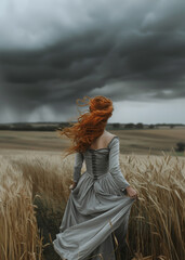 Beauty historical Early american pioneer woman with red hair in the wind and gray dress. Back view. Old west, Victorian, Georgian, Edwardian. Historical romance style. Wheat field. Cloudy sky. Peasant