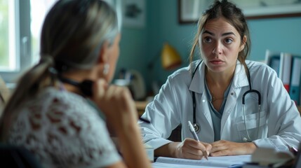 doctor writing a prescription for a patient - obrazy, fototapety, plakaty