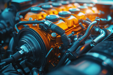 The close up view shows intricate components of a car engine, including pistons, cylinders, spark plugs, and wires. The engine appears to be well-maintained, with no visible signs of wear or damage