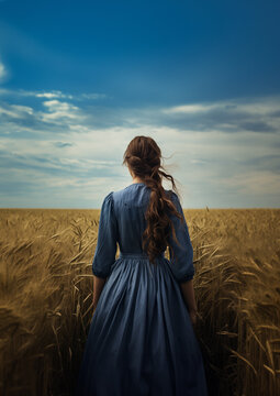 Beauty historical Early american pioneer brunette woman with ponytail and blue dress outdoors. Back view. Old west, Victorian, Georgian, Edwardian. Historical romance style. Wheat field, blue sky. 
