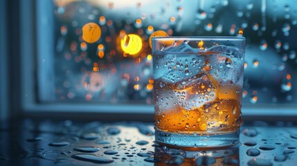 Glass of whiskey with ice on a rainy day