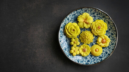 Thai dessert in various flower shaped, warm color tone, yellow mango flavor in antique pattern...