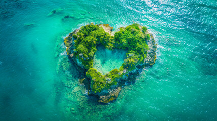 Love travel. heart shaped island in a blue ocean. Honey moon, summer vacation, last minute tour concept. Aerial view. Beautiful maldives tropical island in heart shape
