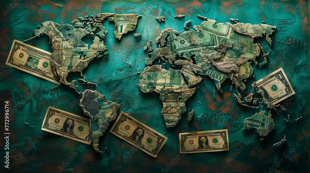 Wall mural world map made from money, business concept