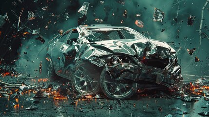 damaged car, showcasing the aftermath of an accident or collision, road safety campaigns, insurance advertisements, and automotive repair services