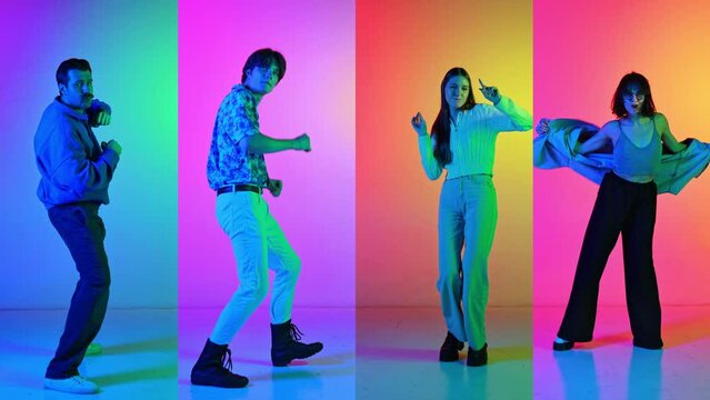 Energetic young people, men and women in casual clothes in motion, dancing against multicolored background in neon light. Concept of youth, dynamics, action, modern dance, hobby, fun
