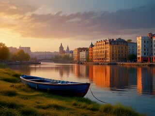 Naklejka premium sunset over the river