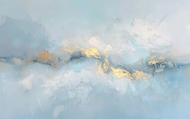 Simple abstract painting, light blue, grey, white and gold colors