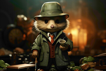 A mint-colored background featuring a small hedgehog wearing a detective hat, solving a mystery.