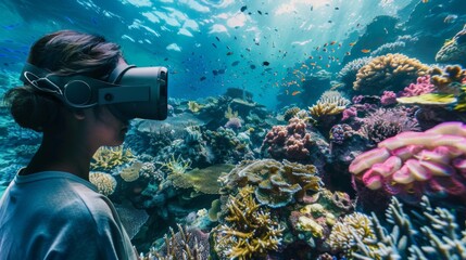 Woman Experiencing Virtual Reality With Coral Reef