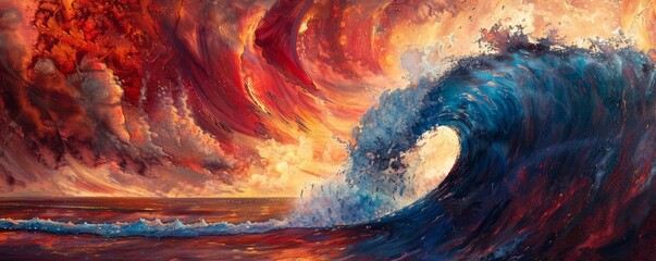 Surreal ocean wave with fiery sky