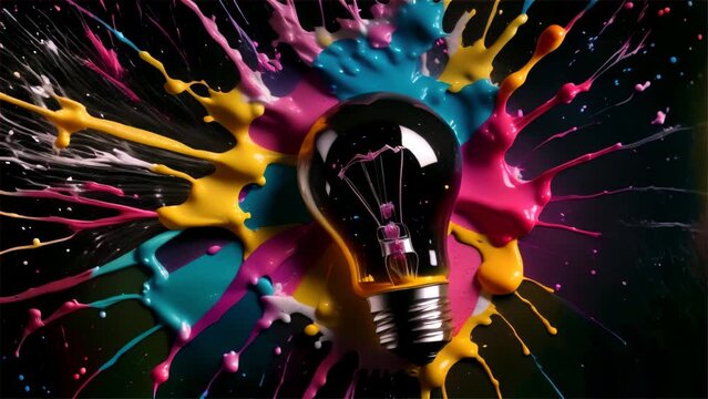 A light bulb surrounded by a vibrant splash of colored inks, symbolizing explosive creativity and innovation in a dark backdrop