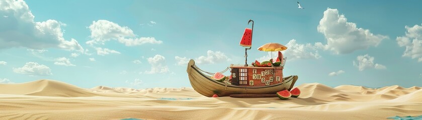 Adventurous caravan journey, harpoon mounted atop, scrabble letters spelling travel tales, watermelon feast amidst opulent dunes , 8K resolution