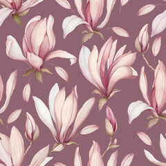 Seamless pattern with magnolias. Flowers in a watercolor style.