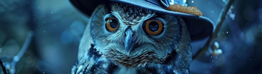 Meditating owl, hat adorned, direct gaze, calm night forest, clear, sharp details, mystical vibe , high realistic - obrazy, fototapety, plakaty