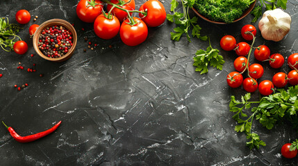 food background with copy space. Border of healthy food cooking ingredients background with fresh tomatoes, herbs and spices on dark concrete table top view. Menu, recipe background. product place