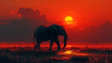 Rolgordijnen African elephant at sunset with vibrant red sky © iVGraphic