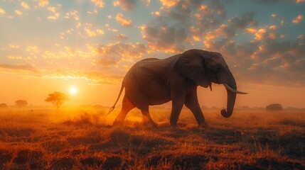 African elephant walking in the savannah at sunset