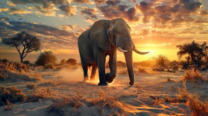 Foto op Plexiglas African elephant walking at sunset in the savanna © iVGraphic