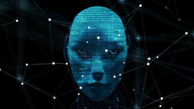 3D Robot profile abstract digital human face.Artificial intelligence concept Animation of binary coding matrix data processing or big data or cyber security. three-dimensional rendering