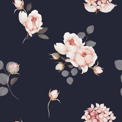 Seamless pattern with bouquets of flowers. Spring roses in watercolor style - 772997761