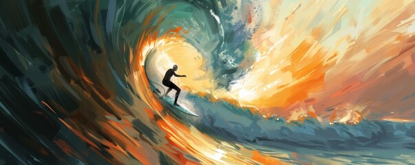 Surfer riding a vibrant wave at sunset - obrazy, fototapety, plakaty