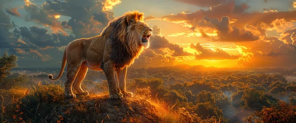 Fotobehang Lion standing on the edge of an open savannah, basking in the golden glow of sunset the sun casts long shadows across its body as it roars with power and strength creative with ai. © Naheed