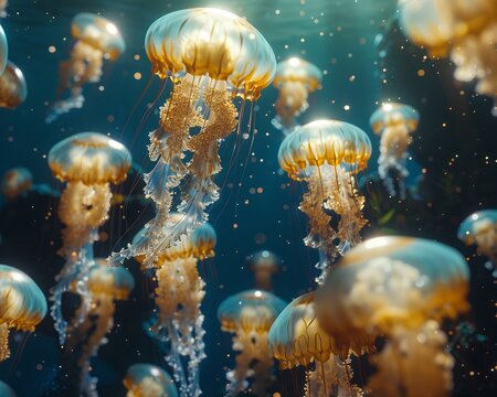 Underwater drone tracking jellyfish swarm, ethereal beauty, soft light, medium shot , robot