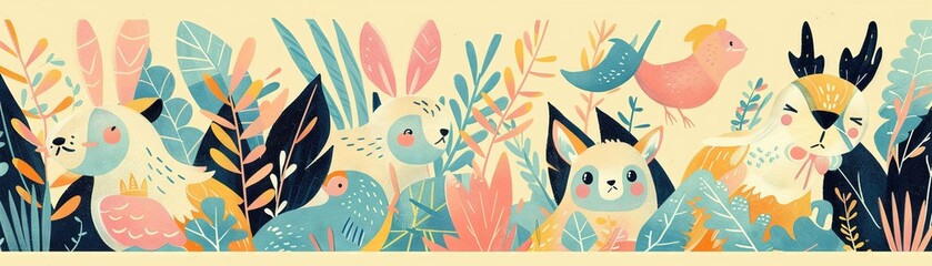 Animal portraits in a pastel color palette capture the essence of whimsical designs and folk art , teleport